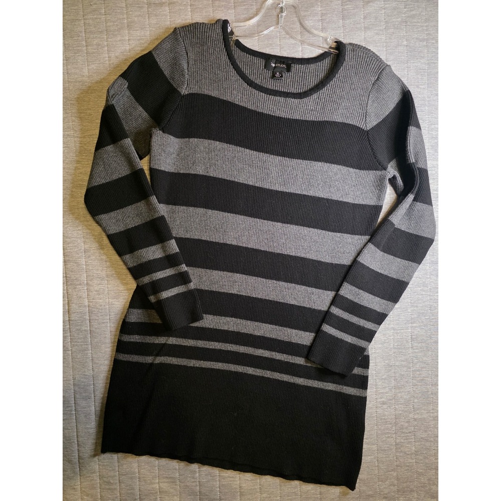 1488 AB Studio Womens XL Black Gray Striped Ribbed Knit Scoop Neck Sweater Dress